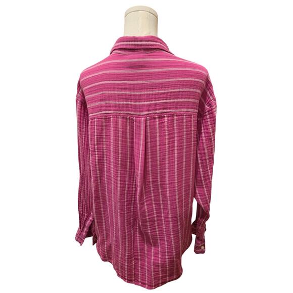 Gap The Big Shirt 100% Gauze Cotton Pink White Stripe Pocket Womens Size Large - Picture 3 of 9